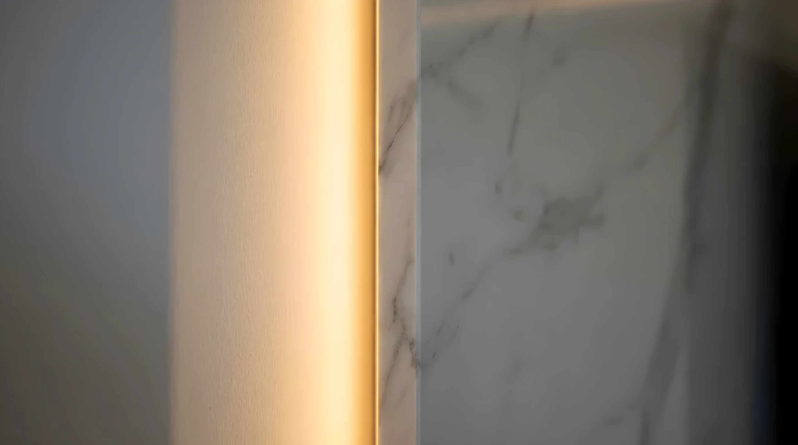 Warm light glowing behind the stone-pattern panel