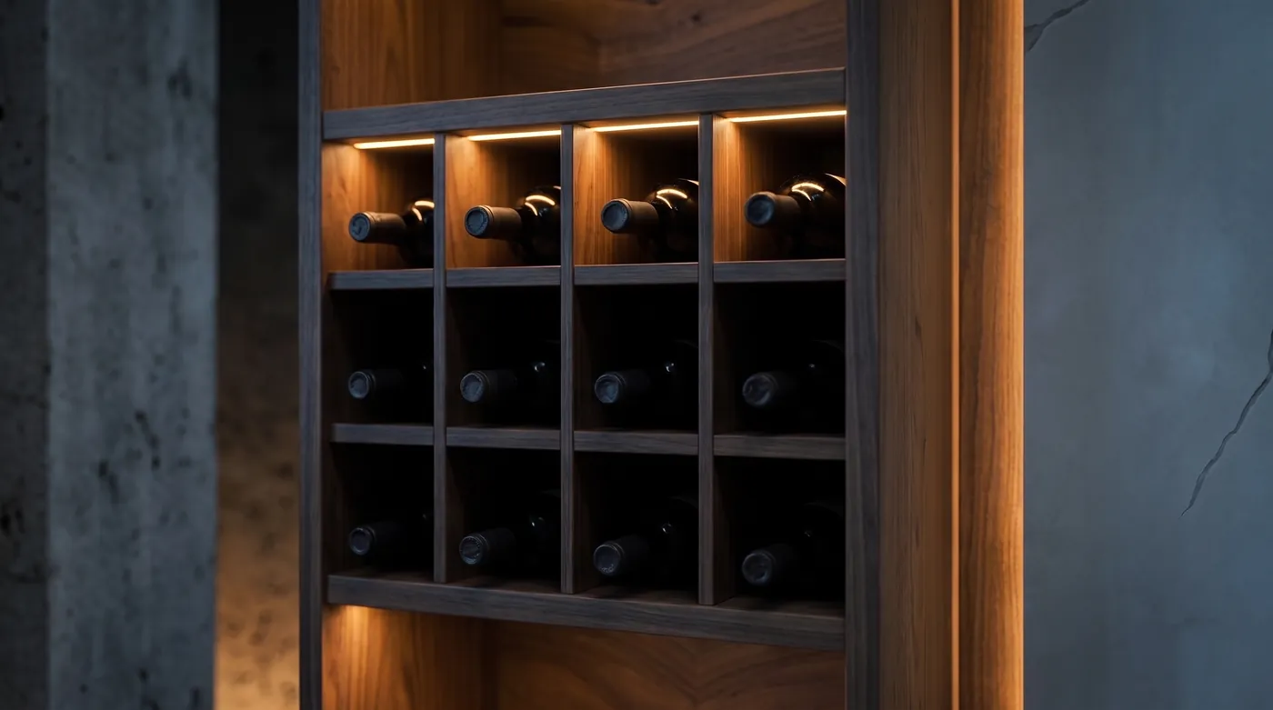 Botellas de vino en celdas iluminadas integradas en la torre de nogal