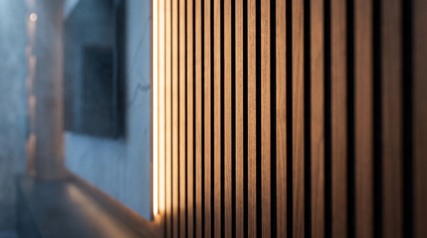 Detalle de los listones de madera con luz cálida