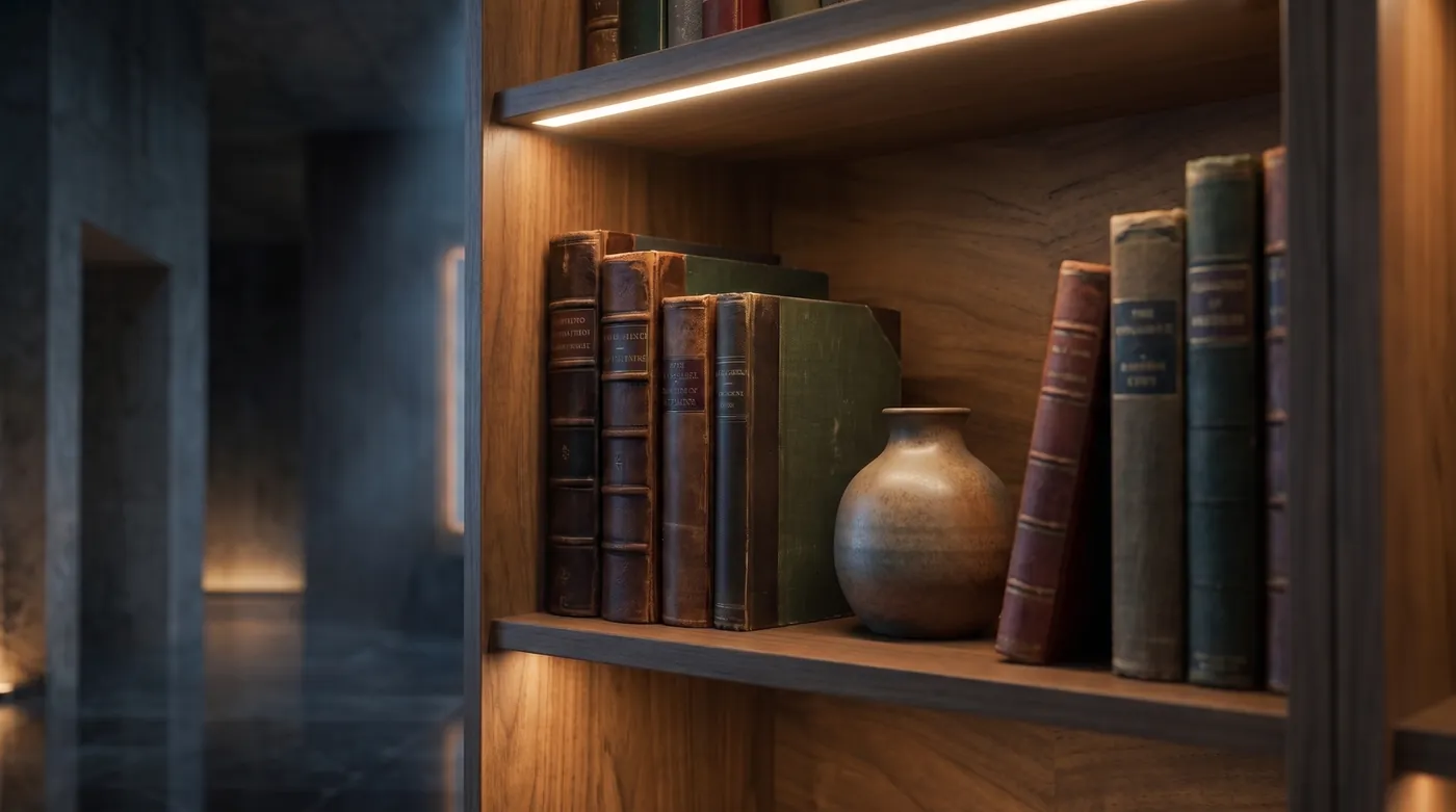 Repisas de nogal iluminadas con libros y un jarrón