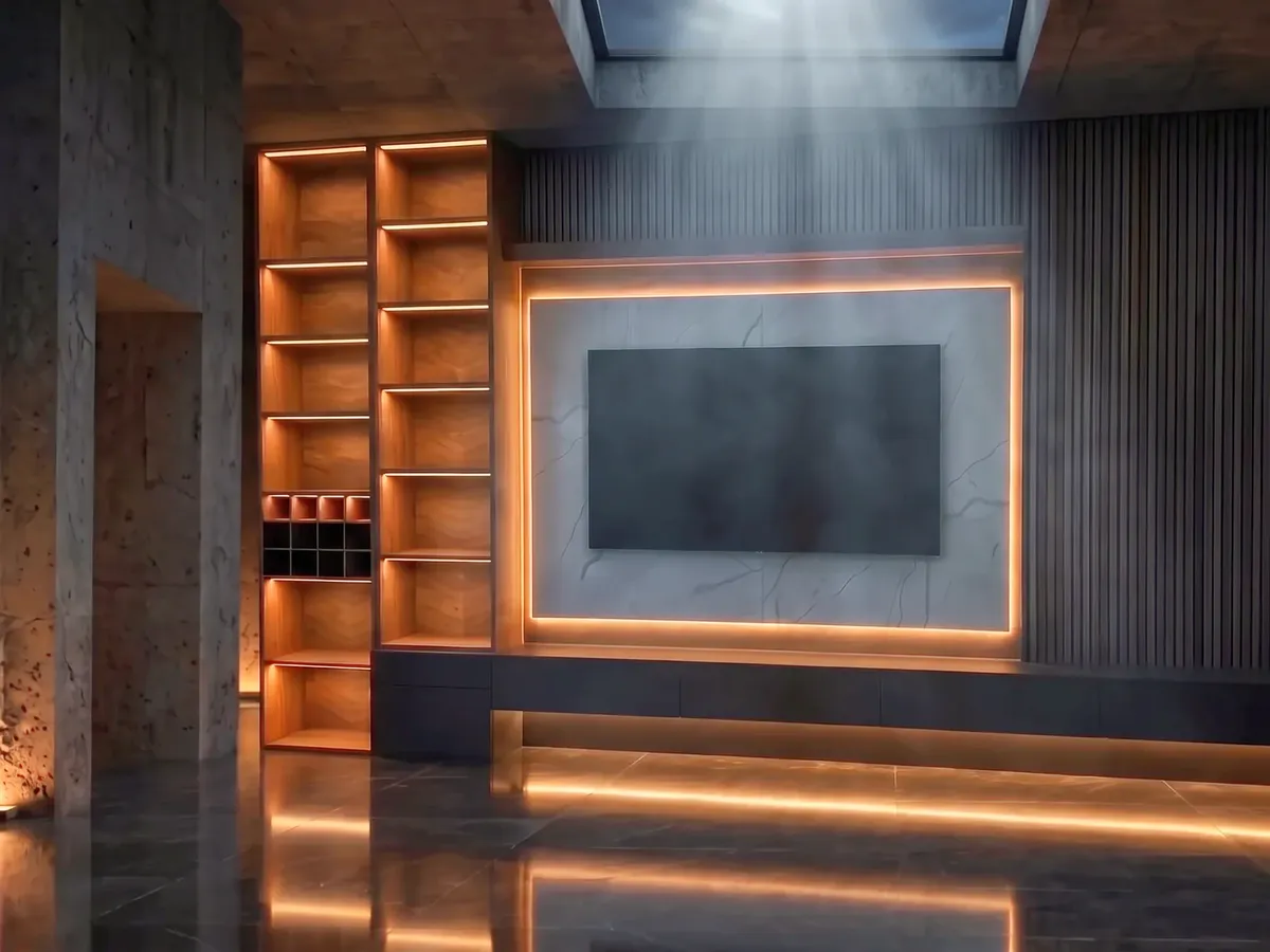 Repisas de nogal iluminadas y una cava junto a un panel con halo de luz