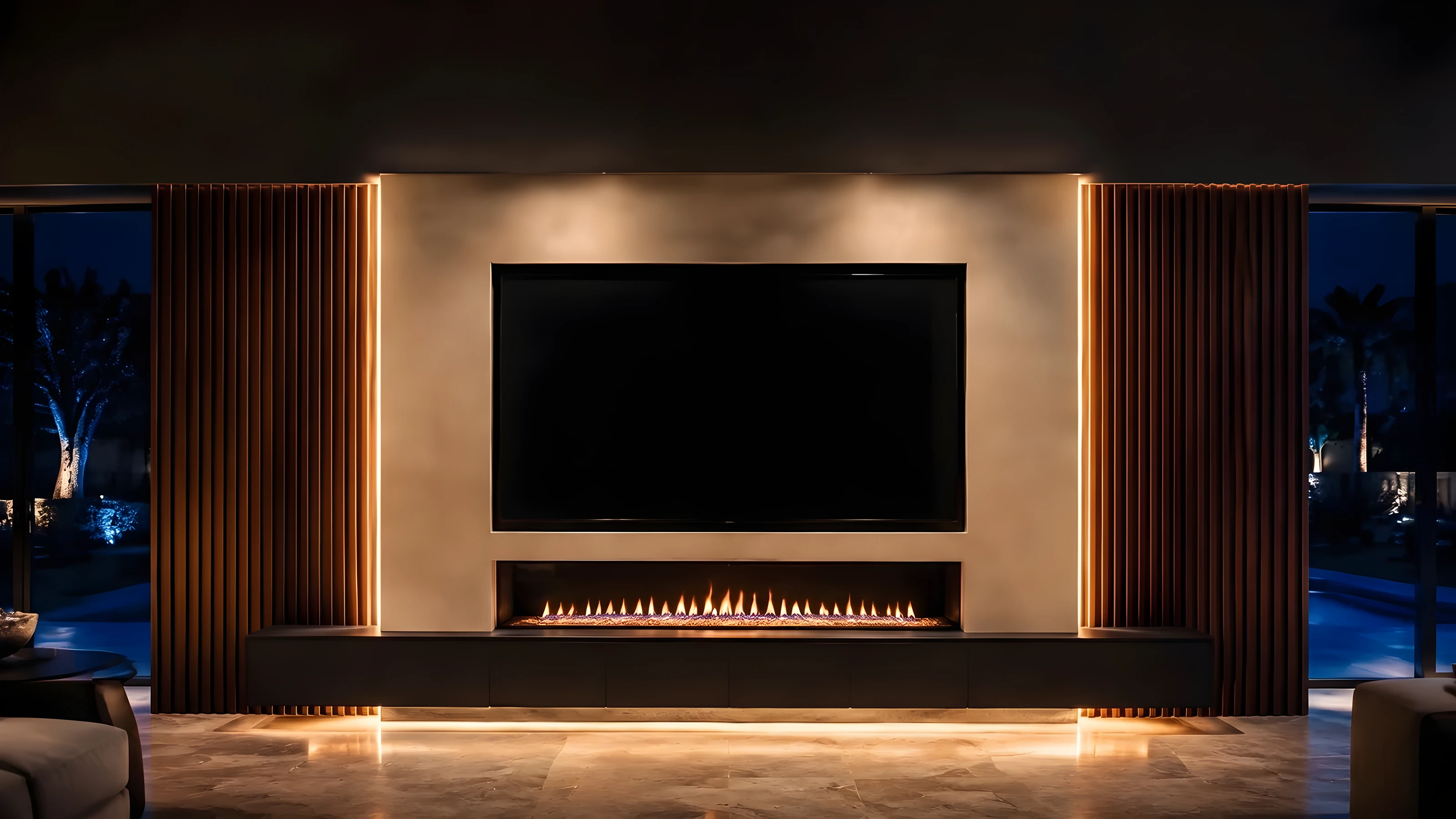 Signature Nocturne: panel central con patrón, fuego lineal y luz cálida